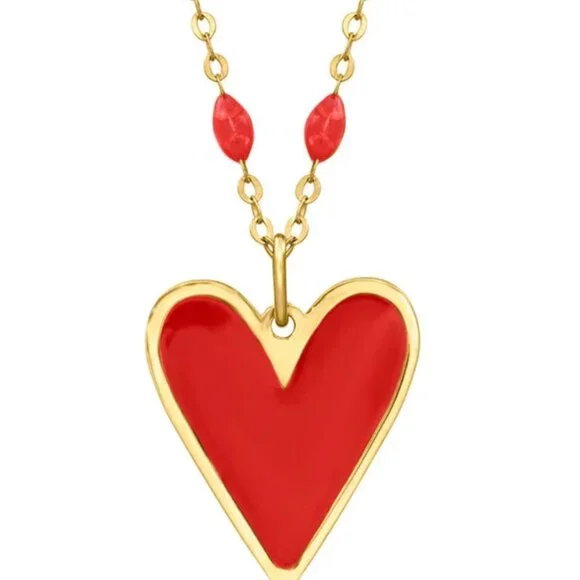 Italian Personalized (Letter "M") Red Enamel Heart Necklace in 14kt Yellow Gold - Picture 2 of 5